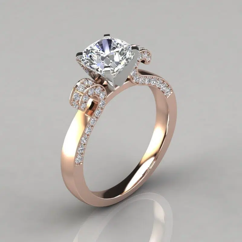 Vintage Floral Design Cushion Cut Moissanite Engagement Ring