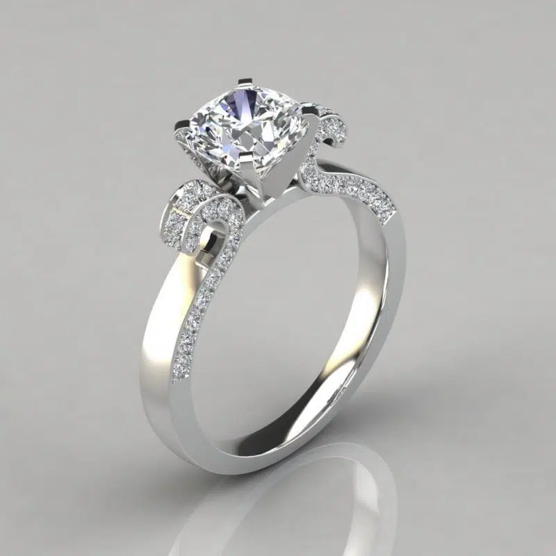 Vintage Floral Design Cushion Cut Moissanite Engagement Ring
