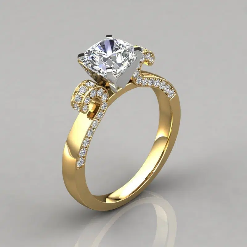 Vintage Floral Design Cushion Cut Moissanite Engagement Ring