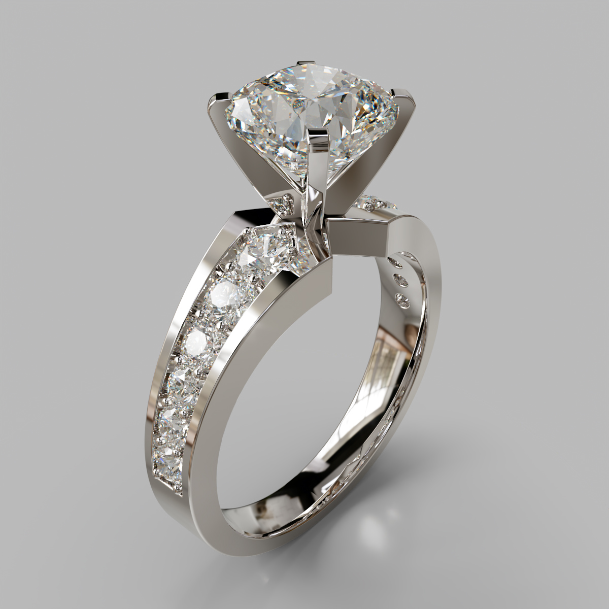 Graduated Pave Cushion Cut Moissanite Engagement Ring