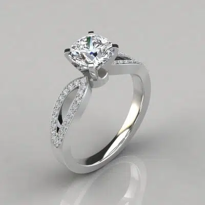 Cushion Cut Split Shank Micro Pave Moissanite Engagement Ring