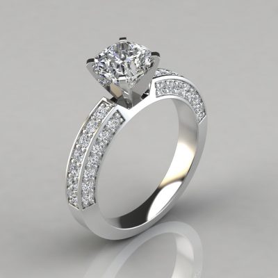 Three Sided Pave Cushion Cut Moissanite Engagement Ring