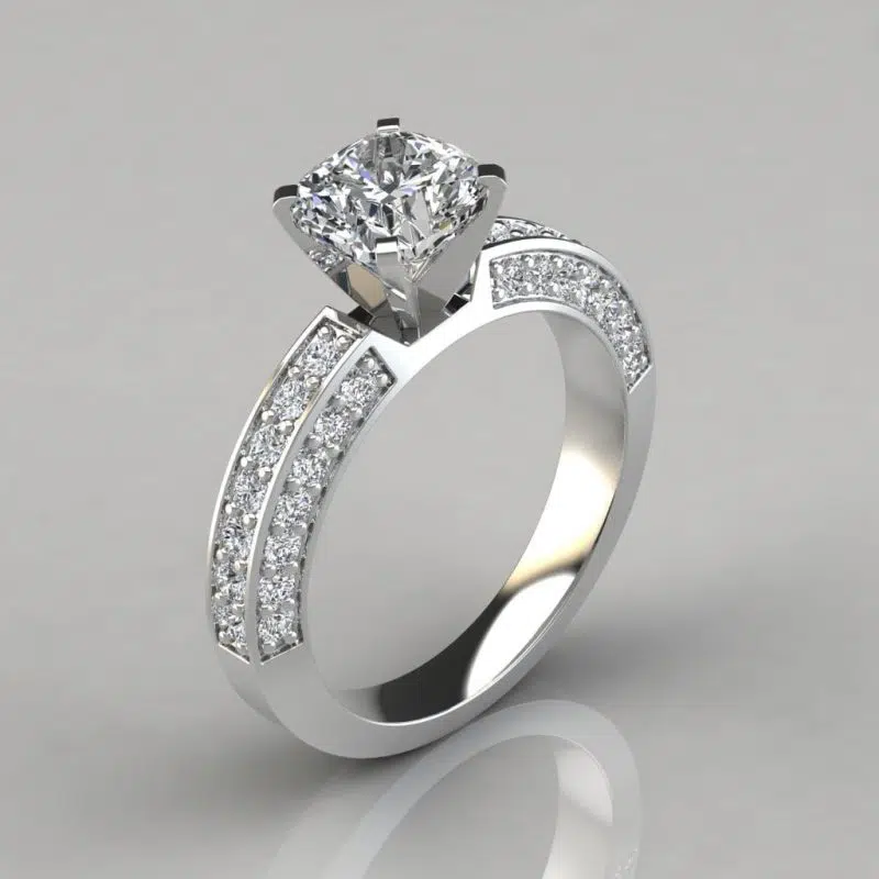 Three Sided Pave Cushion Cut Moissanite Engagement Ring