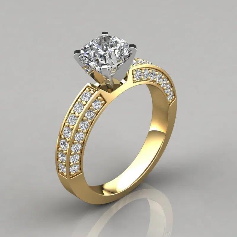 Three Sided Pave Cushion Cut Moissanite Engagement Ring