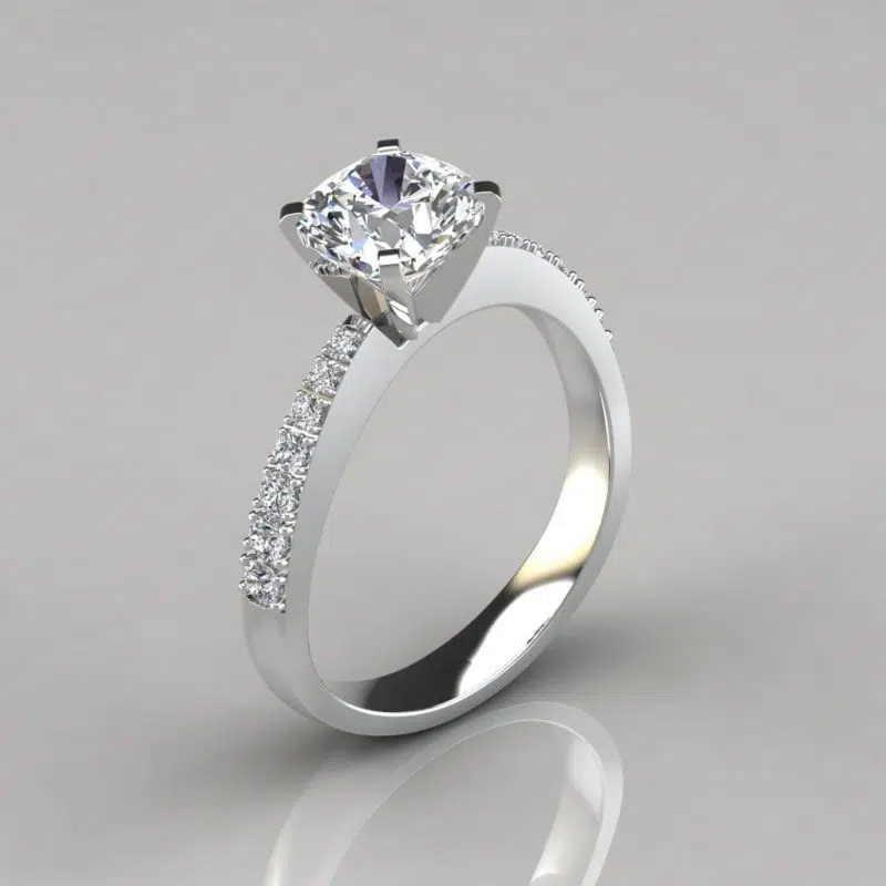 Tapering Pave Cushion Cut Moissanite Engagement Ring
