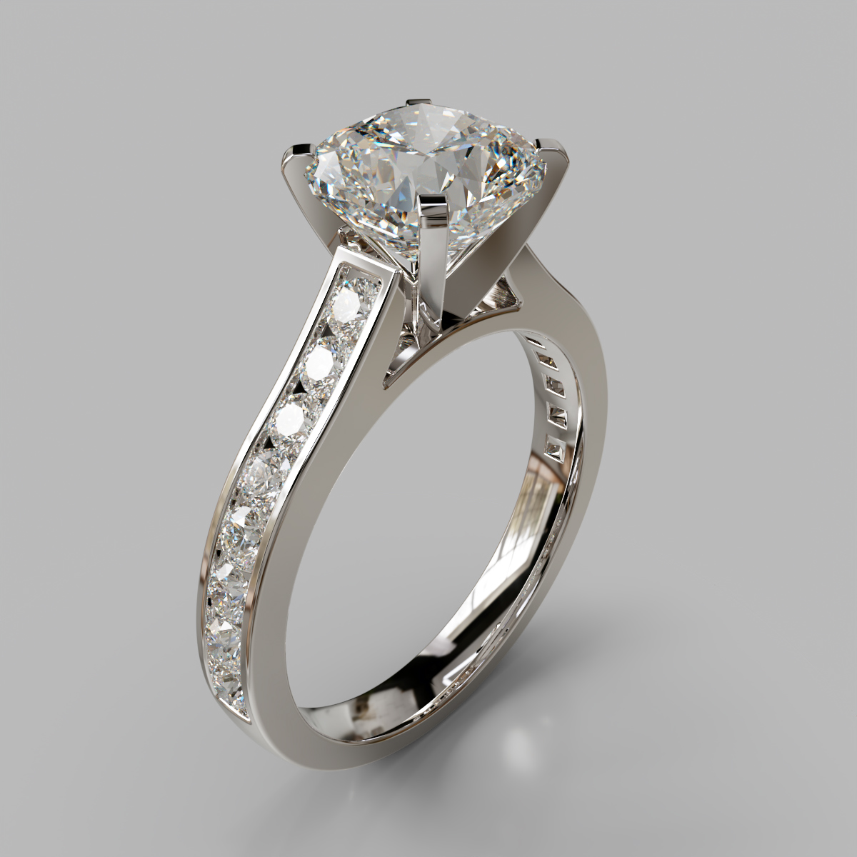 Cathedral Style Cushion Cut Channel Set Moissanite Engagement Ring