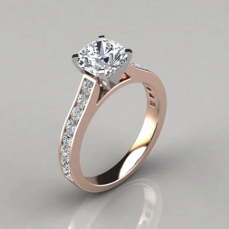 Cathedral Style Cushion Cut Channel Set Moissanite Engagement Ring