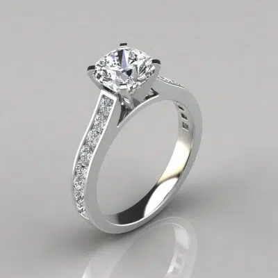 Cathedral Style Cushion Cut Channel Set Moissanite Engagement Ring
