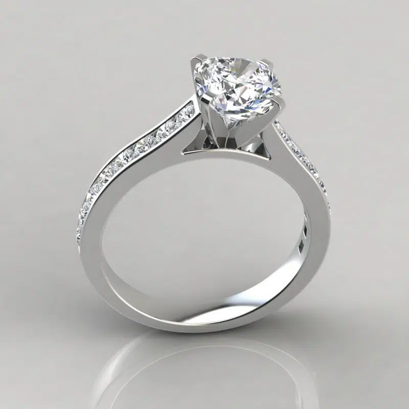 Cathedral Style Cushion Cut Channel Set Moissanite Engagement Ring