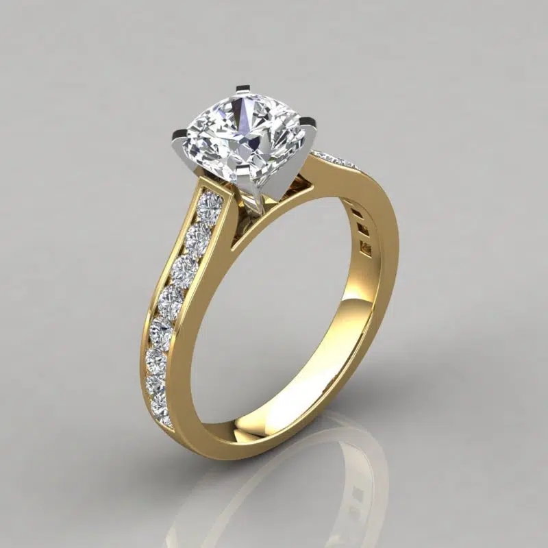 Cathedral Style Cushion Cut Channel Set Moissanite Engagement Ring