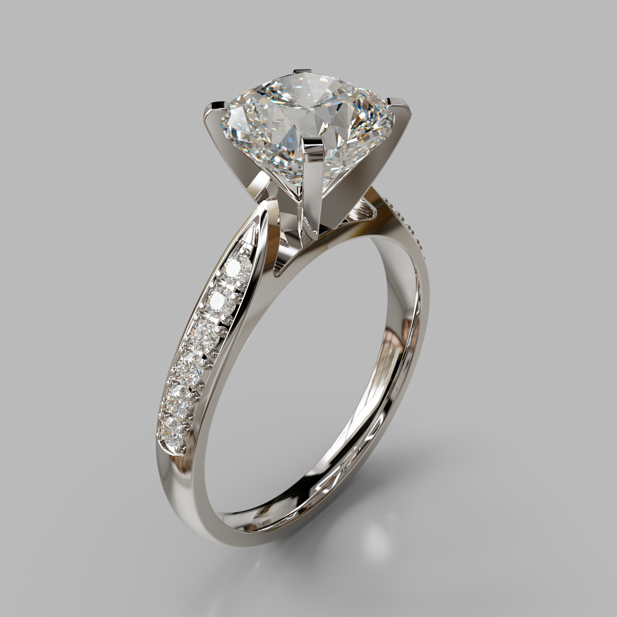 Tapered Cathedral Cushion Cut Moissanite Engagement Ring