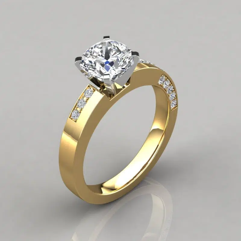 Asymmetric Pave Cushion Cut Gold Moissanite Engagement Ring