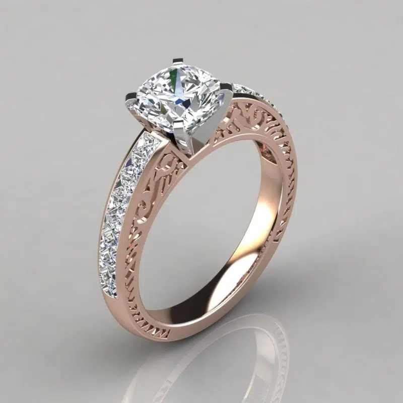 Hand Engraved Cushion Cut Moissanite Engagement Ring