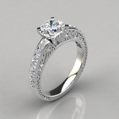 Hand Engraved Cushion Cut Moissanite Engagement Ring