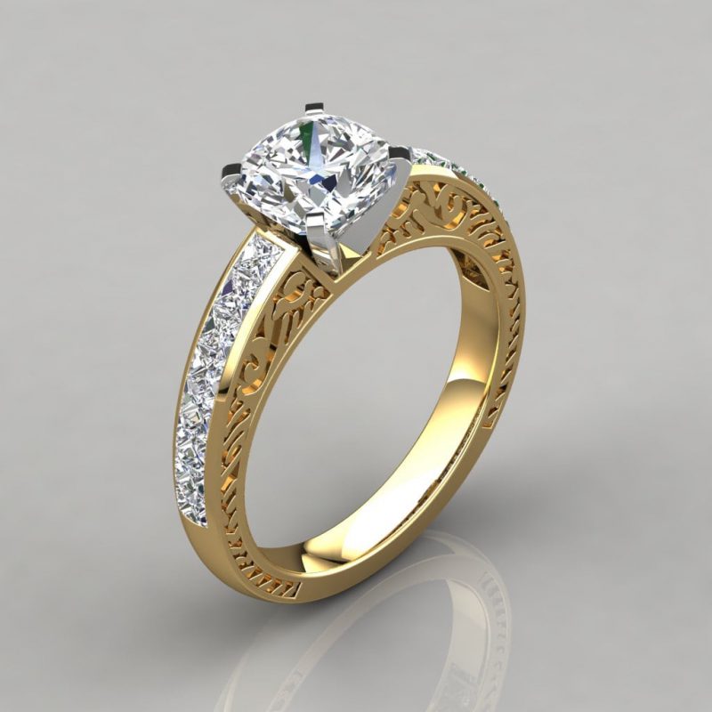 Hand Engraved Cushion Cut Moissanite Engagement Ring | Forever Moissanite