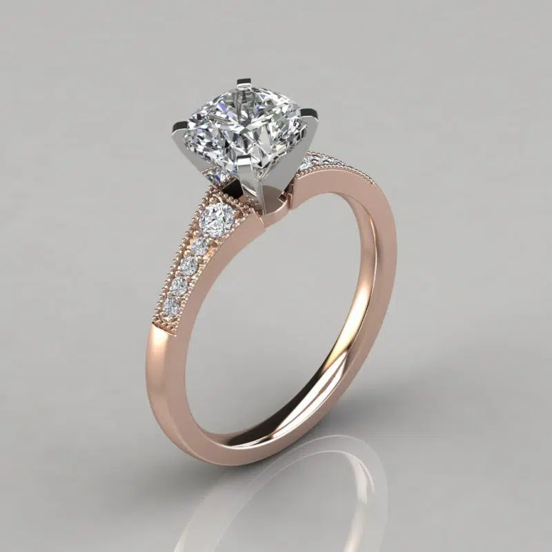 Graduated Milgrain Cushion Cut Moissanite Engagement Ring