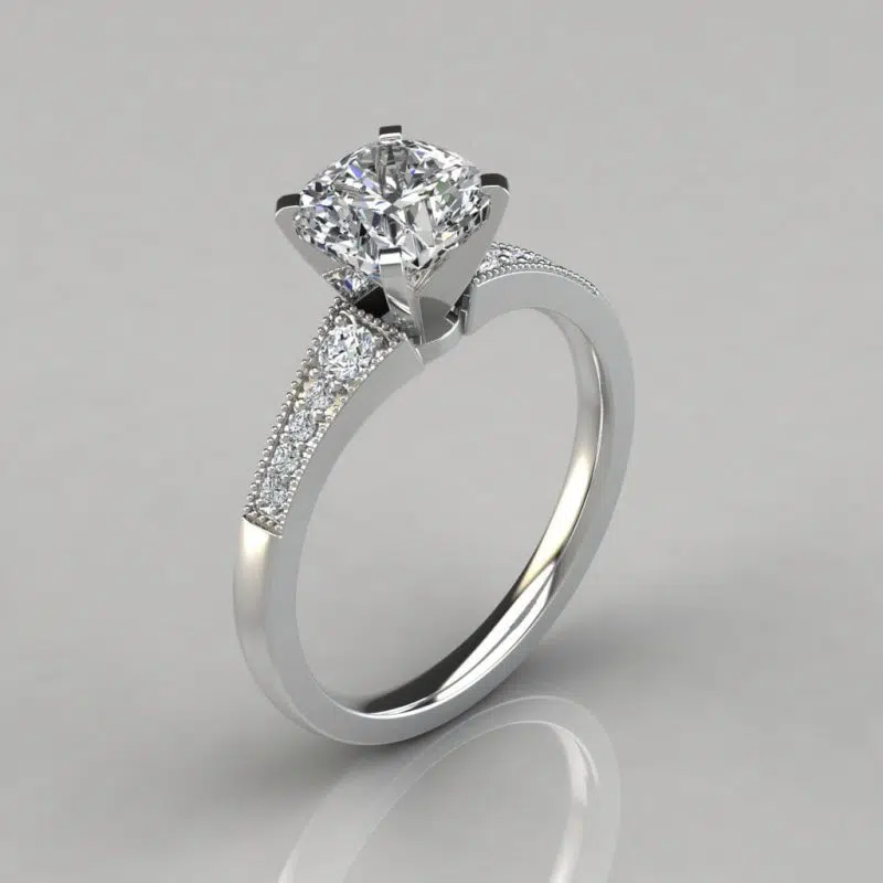 Graduated Milgrain Cushion Cut Moissanite Engagement Ring
