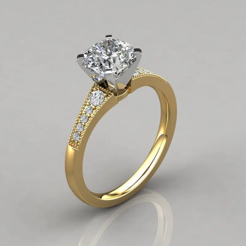 Graduated Milgrain Cushion Cut Moissanite Engagement Ring