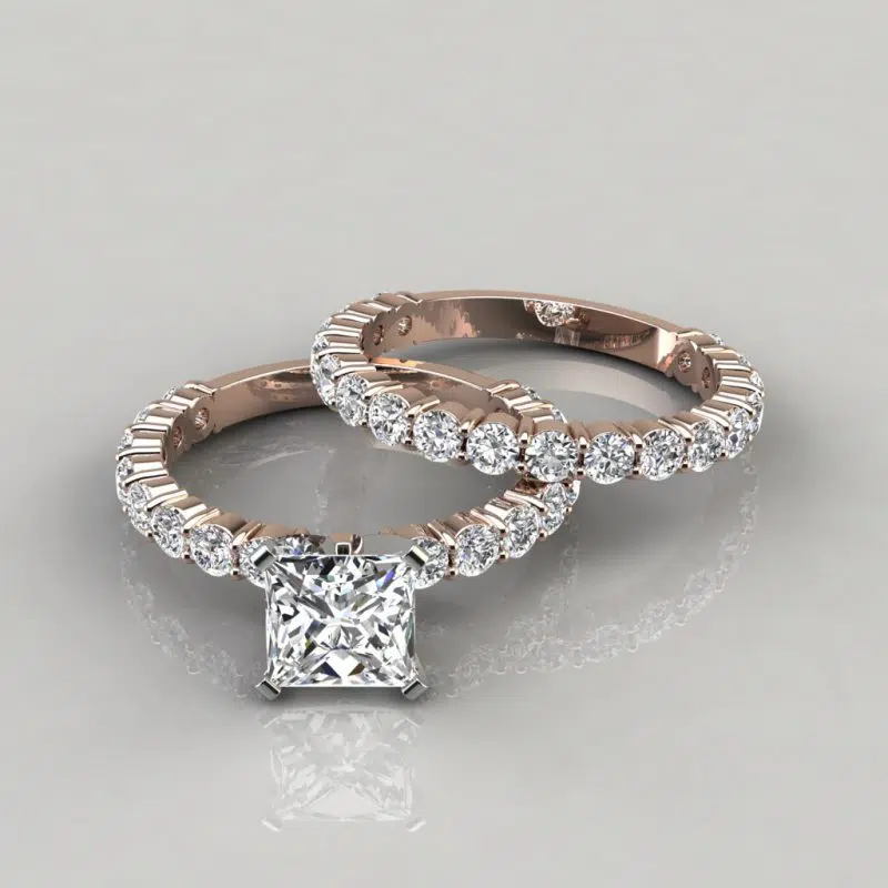 Moissanite Princess Cut Shared Prong Engagement Ring and Wedding Band Set