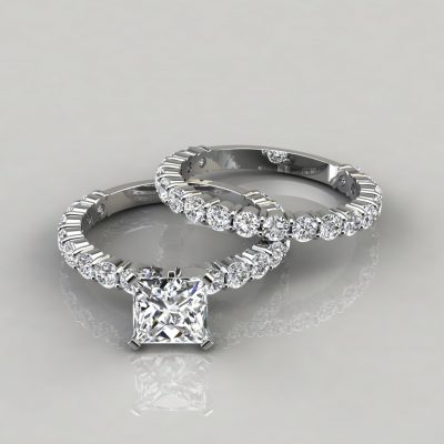 Moissanite Princess Cut Shared Prong Engagement Ring and Wedding Band Set
