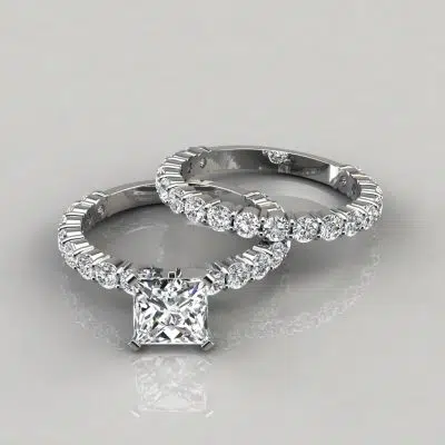 Moissanite Princess Cut Shared Prong Engagement Ring and Wedding Band Set