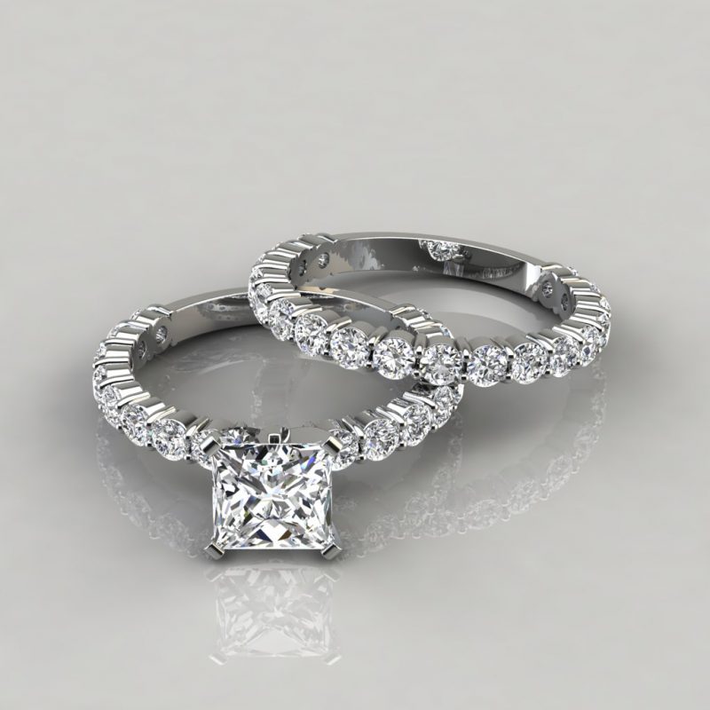 Moissanite Princess Cut Shared Prong Engagement Ring And Wedding Band