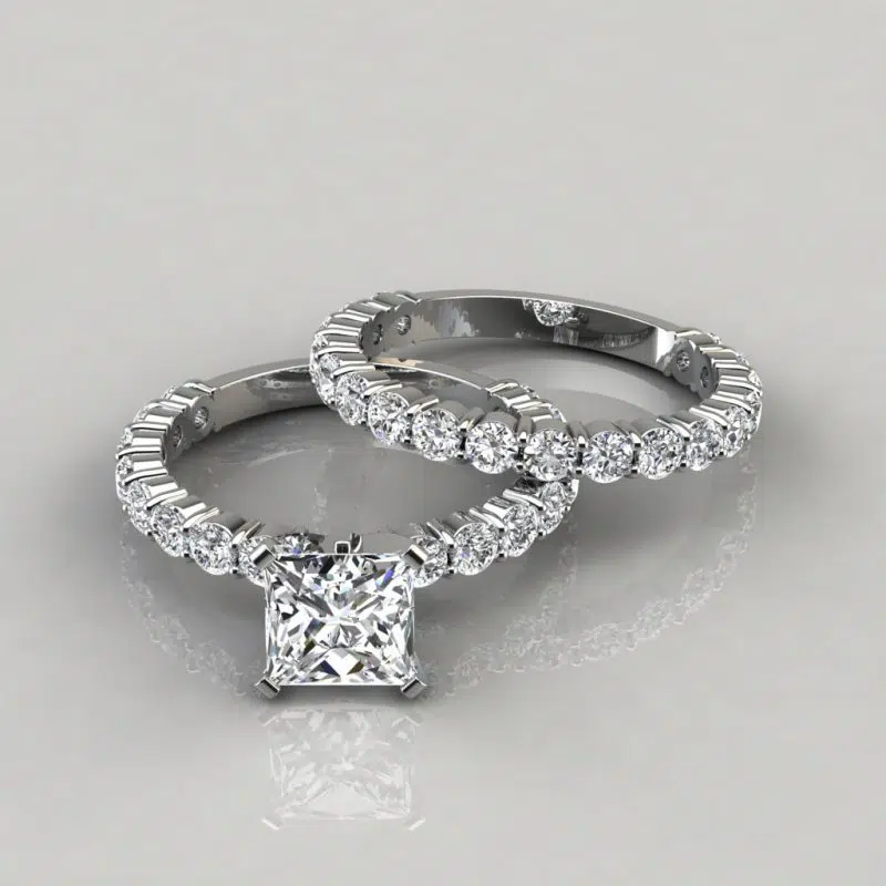 Moissanite Princess Cut Shared Prong Engagement Ring and Wedding Band Set