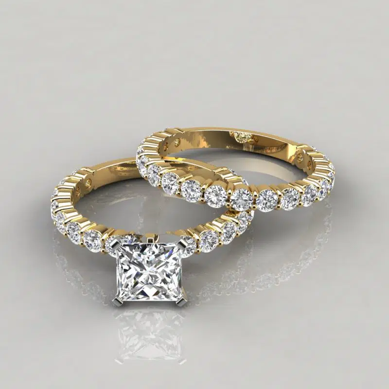 Moissanite Princess Cut Shared Prong Engagement Ring and Wedding Band Set