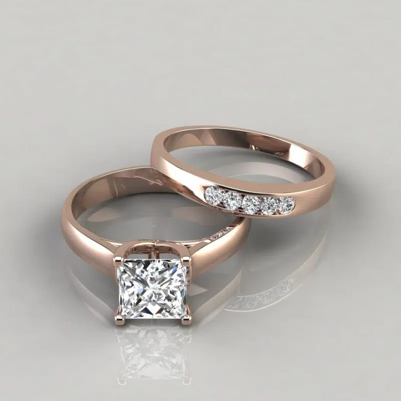 Moissanite Cross Prong Princess Engagement Ring and Wedding Band