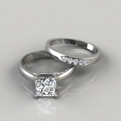Moissanite Cross Prong Princess Engagement Ring and Wedding Band