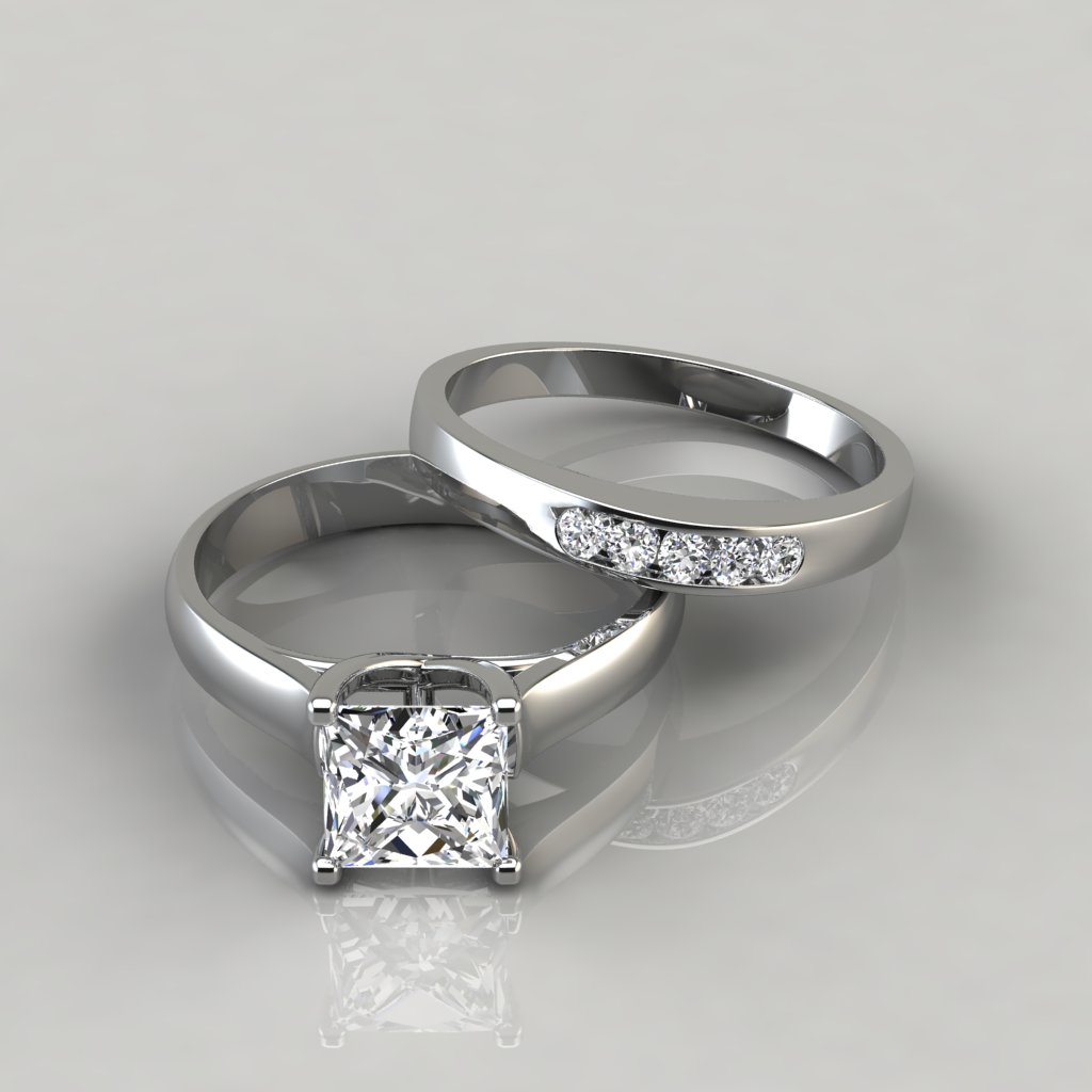 Moissanite Cross Prong Princess Engagement Ring and Wedding Band ...