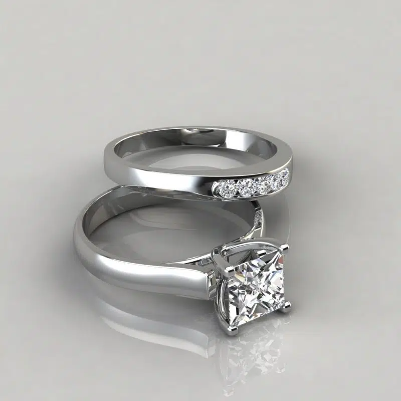 Moissanite Cross Prong Princess Engagement Ring and Wedding Band