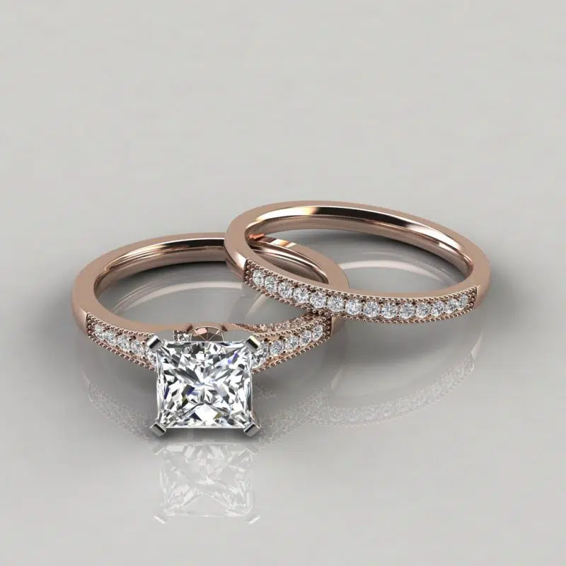 Moissanite Princess Cut Graduated Milgrain Bridal Set Rings
