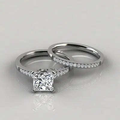 Moissanite Princess Cut Graduated Milgrain Bridal Set Rings