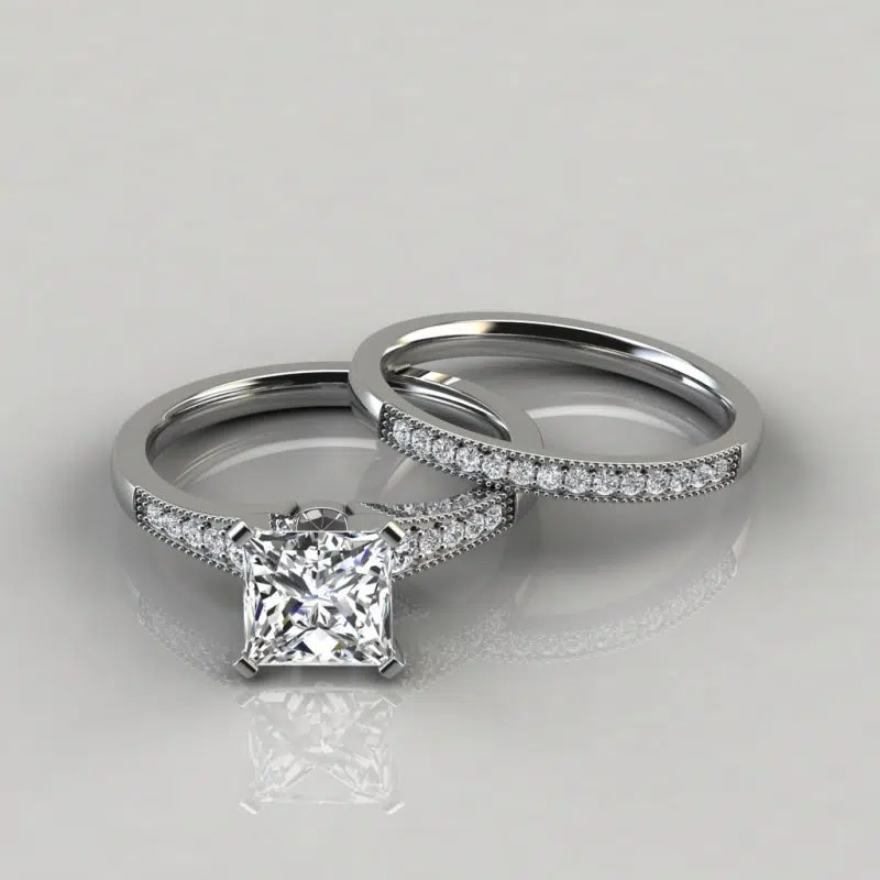 Moissanite Princess Cut Graduated Milgrain Bridal Set Rings