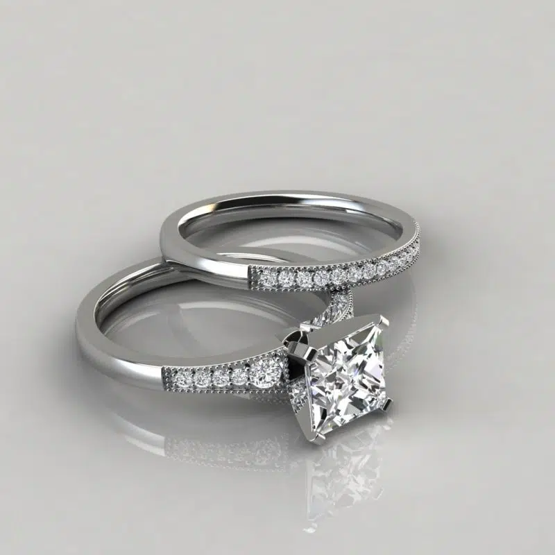 Moissanite Princess Cut Graduated Milgrain Bridal Set Rings
