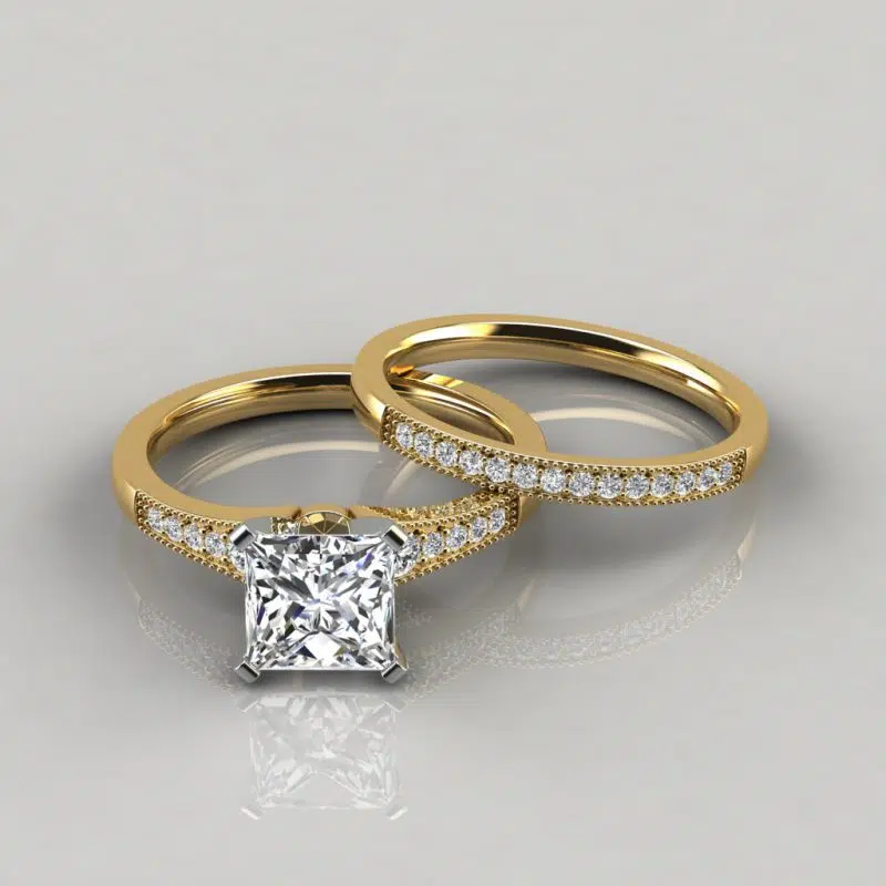 Moissanite Princess Cut Graduated Milgrain Bridal Set Rings