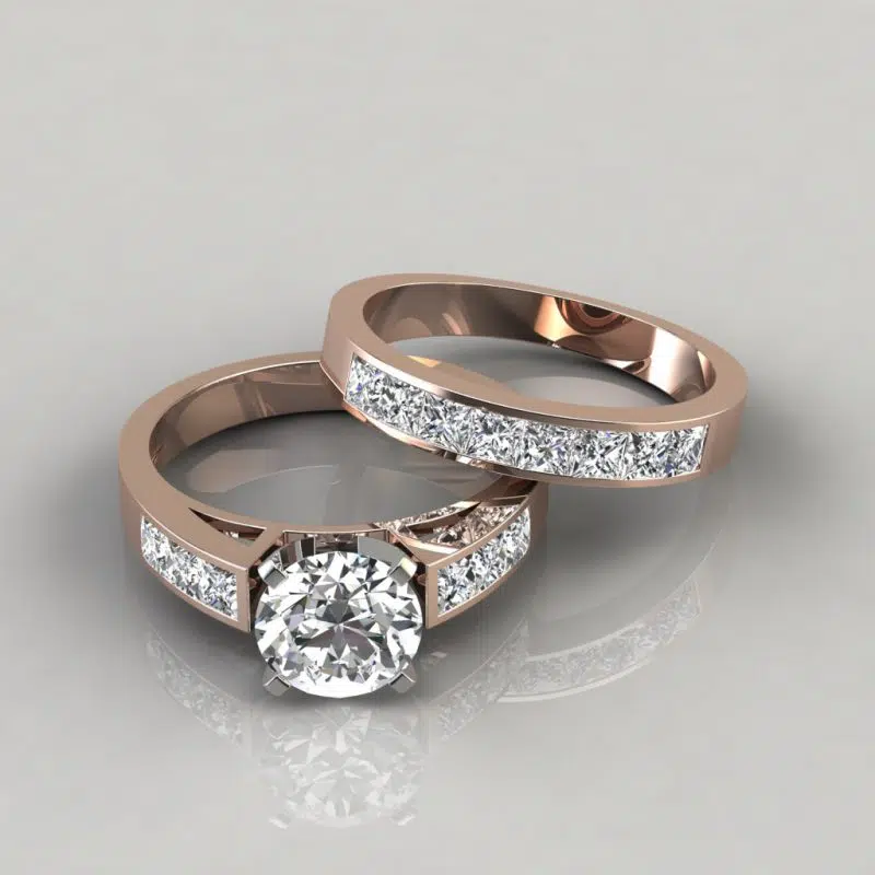 Round Cut Channel Set Moissanite Engagement Ring and Wedding Band Bridal Set