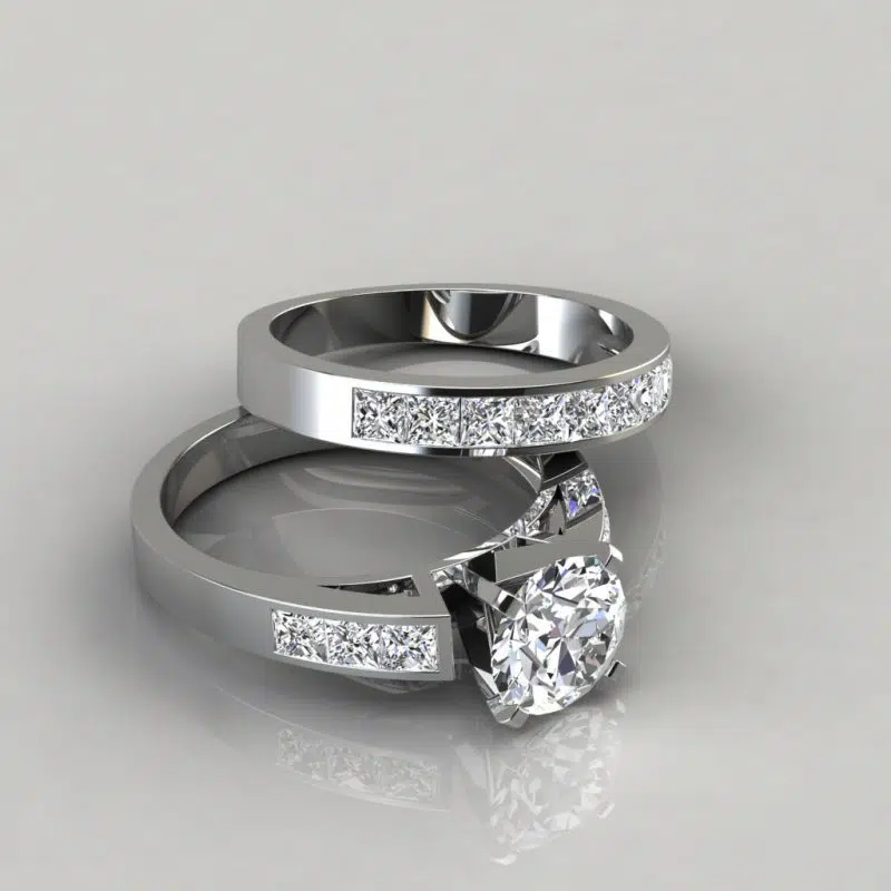 Round Cut Channel Set Moissanite Engagement Ring and Wedding Band Bridal Set