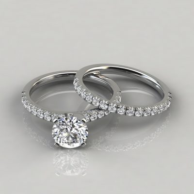 French Pave Cut Moissanite Engagement Ring and Wedding Band Set