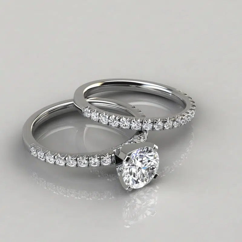 French Pave Cut Moissanite Engagement Ring and Wedding Band Set