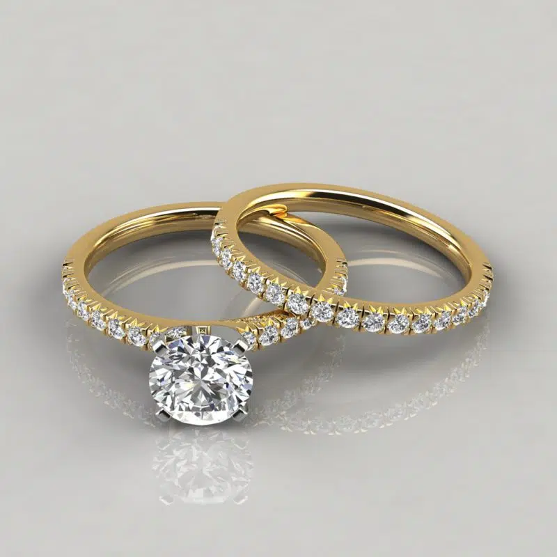 French Pave Cut Moissanite Engagement Ring and Wedding Band Set