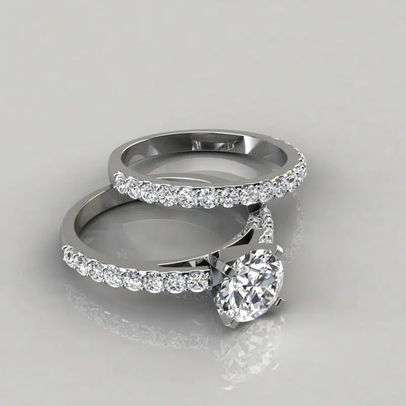 Shared Prong Cathedral Style Moissanite Engagement Ring and Wedding Band Set