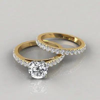 Shared Prong Cathedral Style Moissanite Engagement Ring and Wedding Band Set