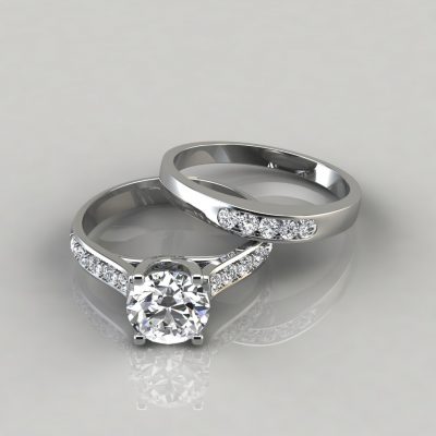 Moissanite Round Cut Cross Prong Engagement Ring and Wedding Band Bridal Set