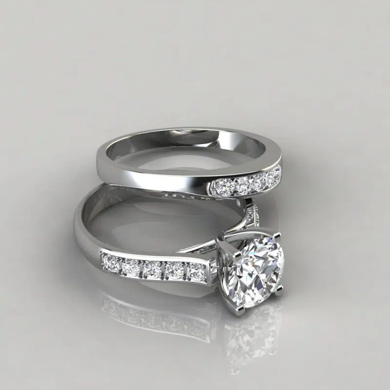 Moissanite Round Cut Cross Prong Engagement Ring and Wedding Band Bridal Set
