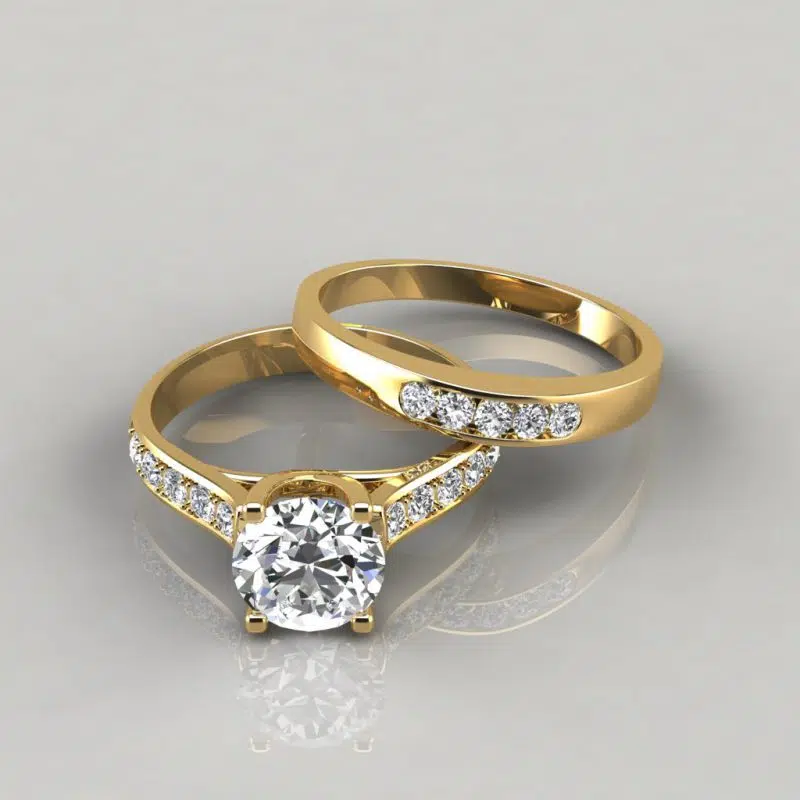 Moissanite Round Cut Cross Prong Engagement Ring and Wedding Band Bridal Set
