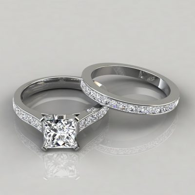 Princess Cathedral Moissanite Engagement Ring and Wedding Band Set