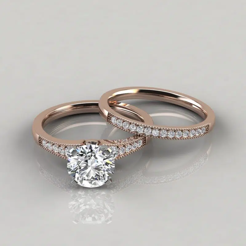 Moissanite Graduated Milgrain Engagement Ring and Wedding Band Set