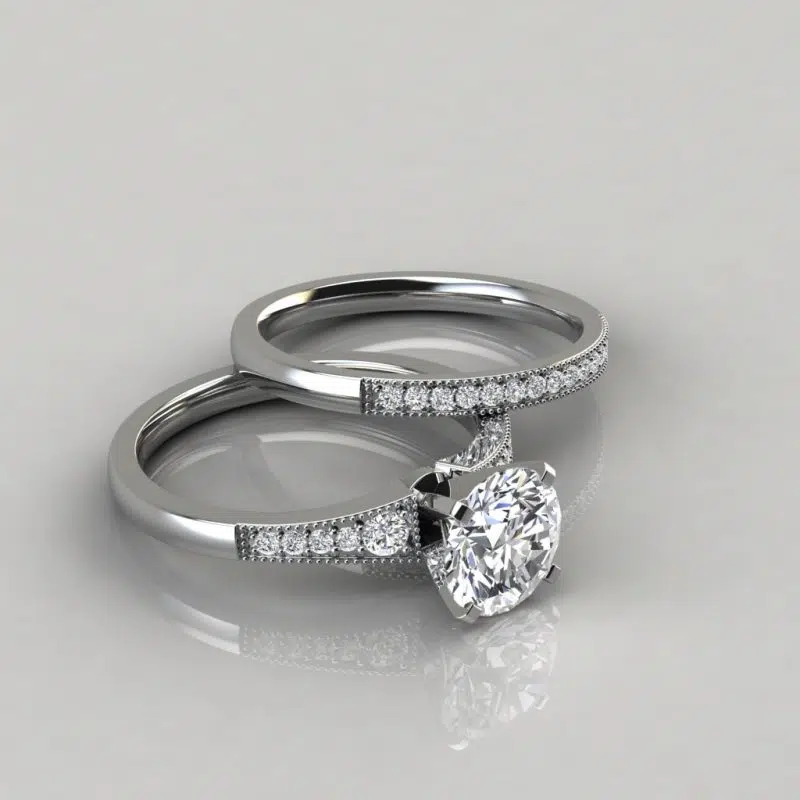 Moissanite Graduated Milgrain Engagement Ring and Wedding Band Set